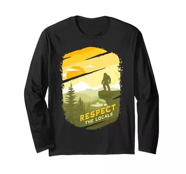 Футболка с длинным рукавом с красочным принтом «Respect Local Bigfoot» и позитивной весенней графикой чёрный