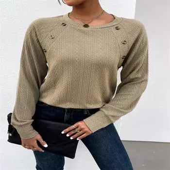 Футболка с длинным рукавом, с круглым вырезом на плечах, заклепками и пуговицами, на осень-зиму S дубильная кора