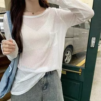 Футболка с длинным рукавом с микро-отверстием, женская летняя новая корейская свободная солнцезащитная блузка с круглым вырезом S