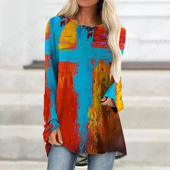 Футболка с длинным рукавом с принтом Иисуса и христианского креста 3D, женская мода, свободная туника с круглым вырезом, топы, женские топы, футболки, длинные топы S