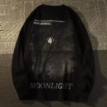 Футболка с длинным рукавом с принтом «Лунный лес» для мужчин и женщин, чистый хлопок, модный тренд весны и осени, повседневный удобный топ с круглым вырезом для пары, Harajuku S белый