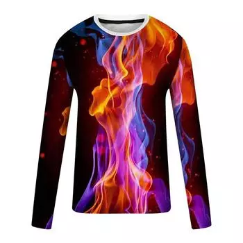 Футболка с длинным рукавом с принтом «Пламя» 3D для мужчин и женщин, повседневная удобная футболка с круглым вырезом, уличная одежда, свободная футболка, топы, футболки L
