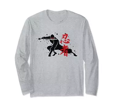 Футболка с длинным рукавом с японским иероглифом «Despicable Ninja Shinobi» серый