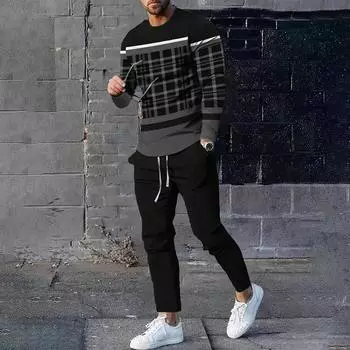 Футболка с длинным рукавом в полоску и принтом в клетку, комплект из двух предметов для мужчин, одежда 2024 года, футболка с круглым вырезом, брюки на талии со шнурком, спортивный костюм S