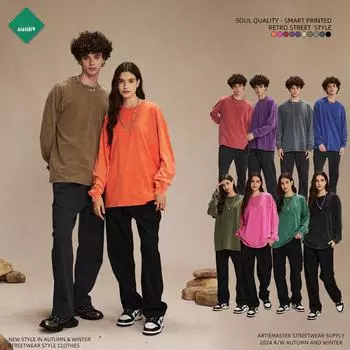 Футболка с длинным рукавом в стиле ретро-батик 2024 года с потертостями — мужская и унисекс с круглым вырезом M