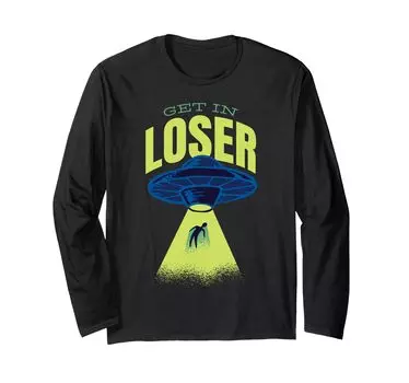 Футболка с длинным рукавом в стиле ретро Get In Loser UFO Alien Abduction Spaceship Beam чёрный