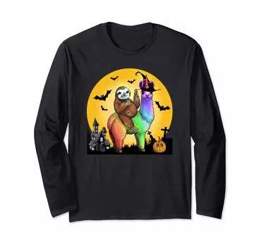 Футболка с длинным рукавом в виде зомби-ленивца, ездящего на ламе, единорога, ведьмы, подарка на Хэллоуин чёрный