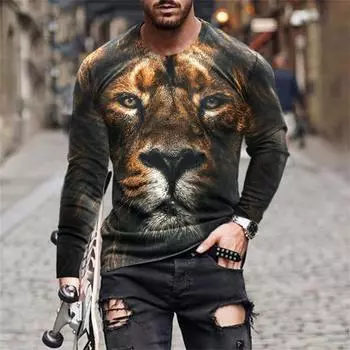 Футболка с длинным рукавом весна-осень с 3D-принтом в виде животного, мужская футболка с круглым вырезом, повседневный свободный свитер, модный трендовый топ S