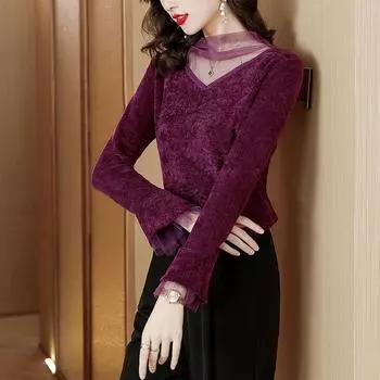 Футболка с длинным рукавом, женская, осенняя, новый дизайн, шикарная, расклешенная, рукава, рубашка Mom Bottom M