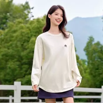 Футболка с длинным рукавом женская Plum Blossom средней длины из чистого хлопка с напечатанным рисунком 2024 года, новый осенний свободный топ S белый