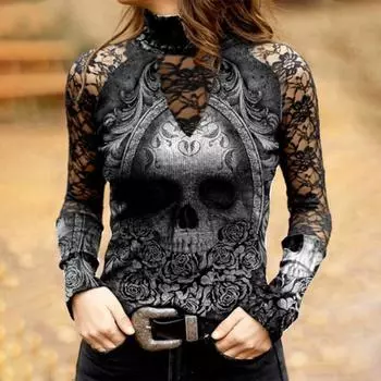 Футболка с длинным рукавом женская с длинным рукавом панк готика весна осень с длинным рукавом XL