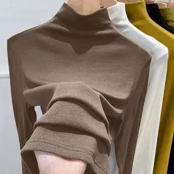 Футболка с длинным рукавом, женская, весна-осень, тонкий темперамент, большие размеры, облегающая полуводолазка, базовая рубашка, повседневный топ 2XL size [recommended 125-70 kg]