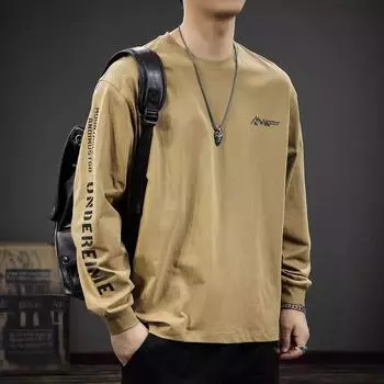 Футболка с длинными рукавами American High Street Printed, мужская осенняя модная брендовая свободная круглая горловина, плотный хлопковый свитер M светло-коричневого