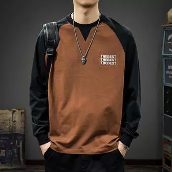 Футболка с длинными рукавами American High Street Splicing Contrast Color Plugs, мужская осенняя свободная футболка с круглым вырезом из плотного хлопка Tide M