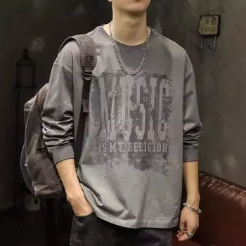 Футболка с длинными рукавами American Retro Heavy 80G Cotton, мужская, осенне-зимняя, модный мужской топ, свитер с круглым вырезом для мужчин M серый