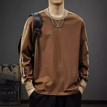 Футболка с длинными рукавами американского модного бренда с контрастным цветным сращиванием, мужская осенняя, из плотного чистого хлопка, с круглым вырезом, свободный повседневный свитер M хаки