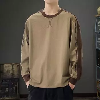 Футболка с длинными рукавами американского модного бренда с контрастным цветным сращиванием, мужская осенняя, из плотного чистого хлопка, с круглым вырезом, свободный повседневный свитер M чёрный