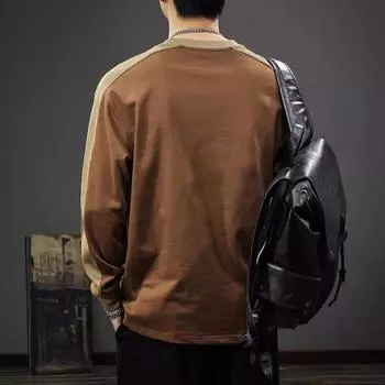 Футболка с длинными рукавами американского модного бренда с контрастным цветным сращиванием, мужская осенняя, из плотного чистого хлопка, с круглым вырезом, свободный повседневный свитер M чёрный