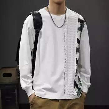 Футболка с длинными рукавами Autumn Ink Splicing, мужская, в американском стиле ретро, свободный свитер большого размера с круглым вырезом M белый