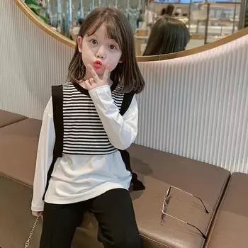 Футболка с длинными рукавами для девочек, повседневный топ, трикотажный топ в полоску с вышивкой 15