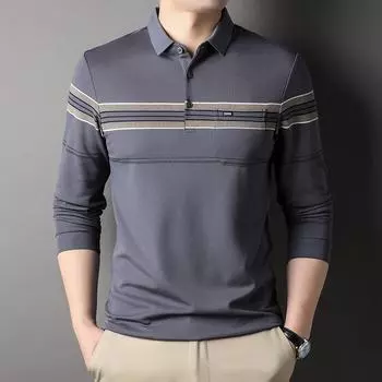 Футболка с длинными рукавами для папы среднего возраста, повседневная, с лацканами, с настоящим карманом, тонкая свободная рубашка поло, осенне-зимняя рубашка-рубашка M