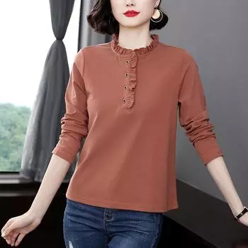 Футболка с длинными рукавами для женщин 2024 года, новый стиль, свободные рубашки больших размеров для женщин среднего возраста, топы и нижние рубашки M хаки