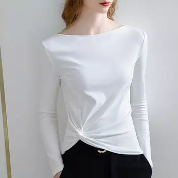 Футболка с длинными рукавами для женщин на весну и осень, новая женская одежда, асимметричные складки на подоле, шикарный однотонный топ на одно плечо S белый