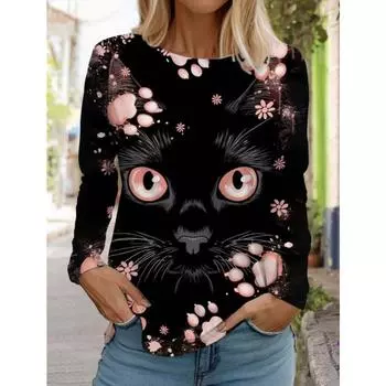 Футболка с длинными рукавами для женщин с милым рождественским котом, осенняя одежда с изображением животных, праздничная подарочная одежда, модная футболка для вечеринки S