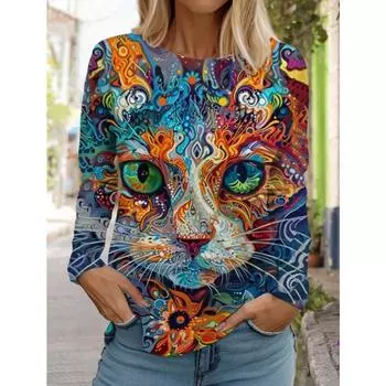 Футболка с длинными рукавами для женщин с рисунком «Art Cute Cat», одежда с 3D-принтом, осенняя мода, одежда с изображением животных, праздничная подарочная одежда, футболка для вечеринки S