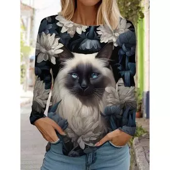 Футболка с длинными рукавами для женщин с милым рождественским котом, осенняя новая одежда для животных, праздничная подарочная одежда, модная повседневная футболка для вечеринок S