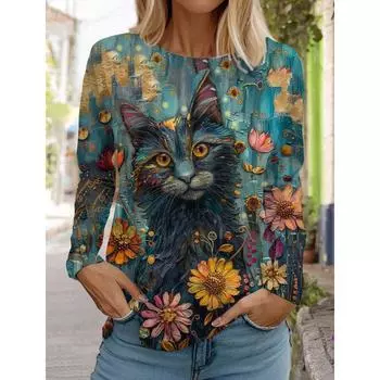 Футболка с длинными рукавами для женщин с рисунком «Art Cute Cat», одежда с 3D-принтом, осенняя мода, одежда с изображением животных, праздничная подарочная одежда, футболка для вечеринки S