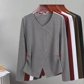 Футболка с длинными рукавами для женщин с весенним и осенним темпераментом Футболка с V-образным вырезом на плече и разрезом сверху M