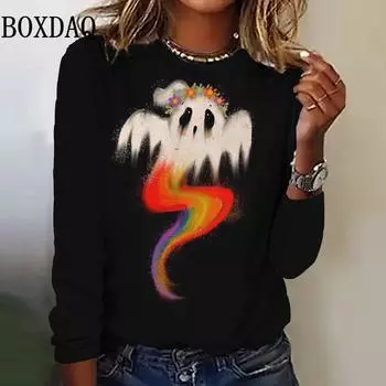 Футболка с длинными рукавами для женщин в стиле хип-хоп Ghost, модная праздничная свободная повседневная одежда больших размеров для Хэллоуина с героями мультфильмов, зимняя одежда, новая S