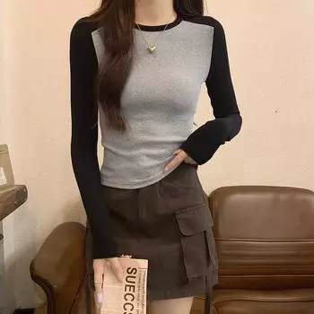 Футболка с длинными рукавами и американским ретро-дизайном на правом плече для женщин, осенняя, контрастного цвета, реглан, горячая девушка, обтягивающий топ, тренд S