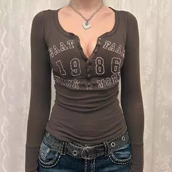 Футболка с длинными рукавами и буквенно-цифровым принтом, женская американская полубортная футболка с V-образным вырезом, короткий топ S темно-синий