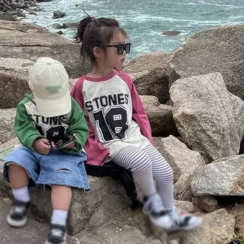 Футболка с длинными рукавами и буквенным принтом для мальчиков и девочек, детский топ 80