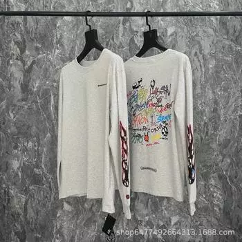 «Футболка с длинными рукавами и цветочным принтом «Граффити-пламя» — осенне-зимний выпуск» L серый