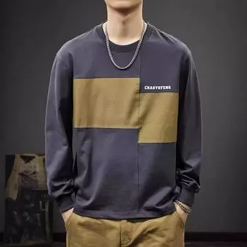 Футболка с длинными рукавами и цветовым сочетанием Autumn Design Sense, мужская повседневная американская футболка из плотного хлопка, свободная рубашка Tide M чёрный