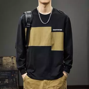 Футболка с длинными рукавами и цветовым сочетанием Autumn Design Sense, мужская повседневная американская футболка из плотного хлопка, свободная рубашка Tide M чёрный