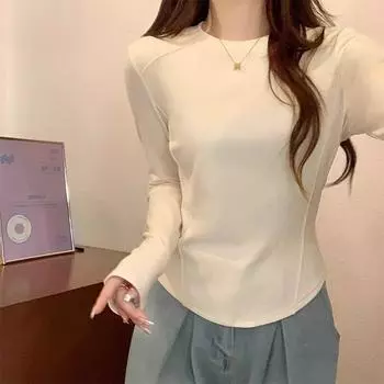 Футболка с длинными рукавами и французским плечом для женщин на осень и зиму, а также бархатный костюм с небольшим воротником-стойкой и рубашкой с резинкой на талии S