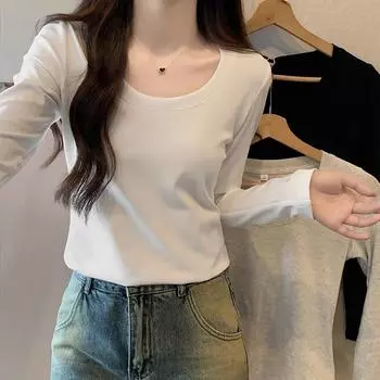 Футболка с длинными рукавами и французским U-образным воротником для женщин 2024 года, начало осени, новая многослойная рубашка из чистого хлопка, правое плечо, базовый топ S