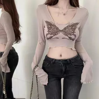 Футболка с длинными рукавами и глубоким вырезом, принтом в виде бабочки, облегающая, с открытым пупком, для женщин Pure Desire Sweet and Spicy Girl, короткий облегающий топ с V-образным вырезом S хаки