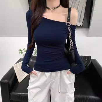 Футболка с длинными рукавами и косыми плечами, женская, ранняя осенняя, новинка, супер-огненный, тонкий топ Spice Girl Niche с открытыми плечами S чёрный