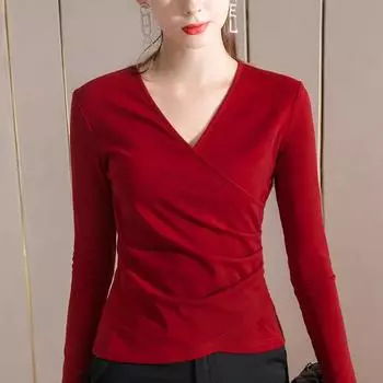 Футболка с длинными рукавами и крестообразным V-образным вырезом для женщин, новая женская хлопковая футболка, сексуальный топ с ключицами, интригующий дизайн S