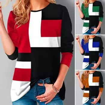 Футболка с длинными рукавами и круглым вырезом, топ, женский повседневный пуловер с геометрическим лоскутным принтом 2XL синий