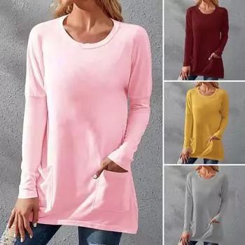 Футболка с длинными рукавами и круглым вырезом, топ с двумя карманами, осень-зима, однотонный 2XL вино красного