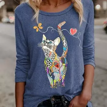 Футболка с длинными рукавами и круглым вырезом с принтом кота - мягкая, слегка эластичная, пригодна для машинной стирки, повседневная одежда для весны и осени - S