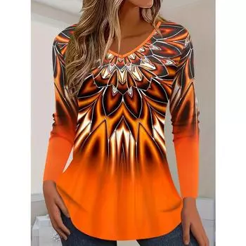 Футболка с длинными рукавами и круглым вырезом с ярким 3D-принтом — женская повседневная одежда на весну и осень, удобный свободный крой, пуловер S