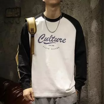 Футболка с длинными рукавами и круглым вырезом из плотного длинноволокнистого хлопка, модная брендовая, свободного покроя, большого размера, осенний контрастный свитер с плечевыми рукавами для мужчин M