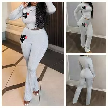 Футболка с длинными рукавами и круглым вырезом с принтом «Любовь» для женщин из Европы и США, костюм со штанами S серый